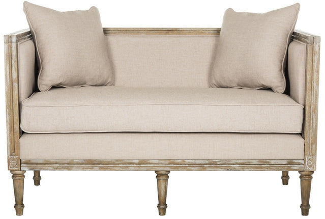 andrea-linen-french-country-settee-taupe-rustic-oak