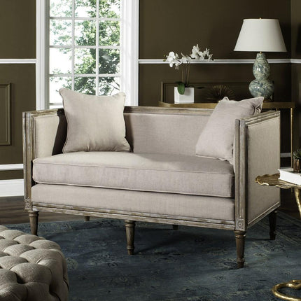 andrea-linen-french-country-settee-taupe-rustic-oak